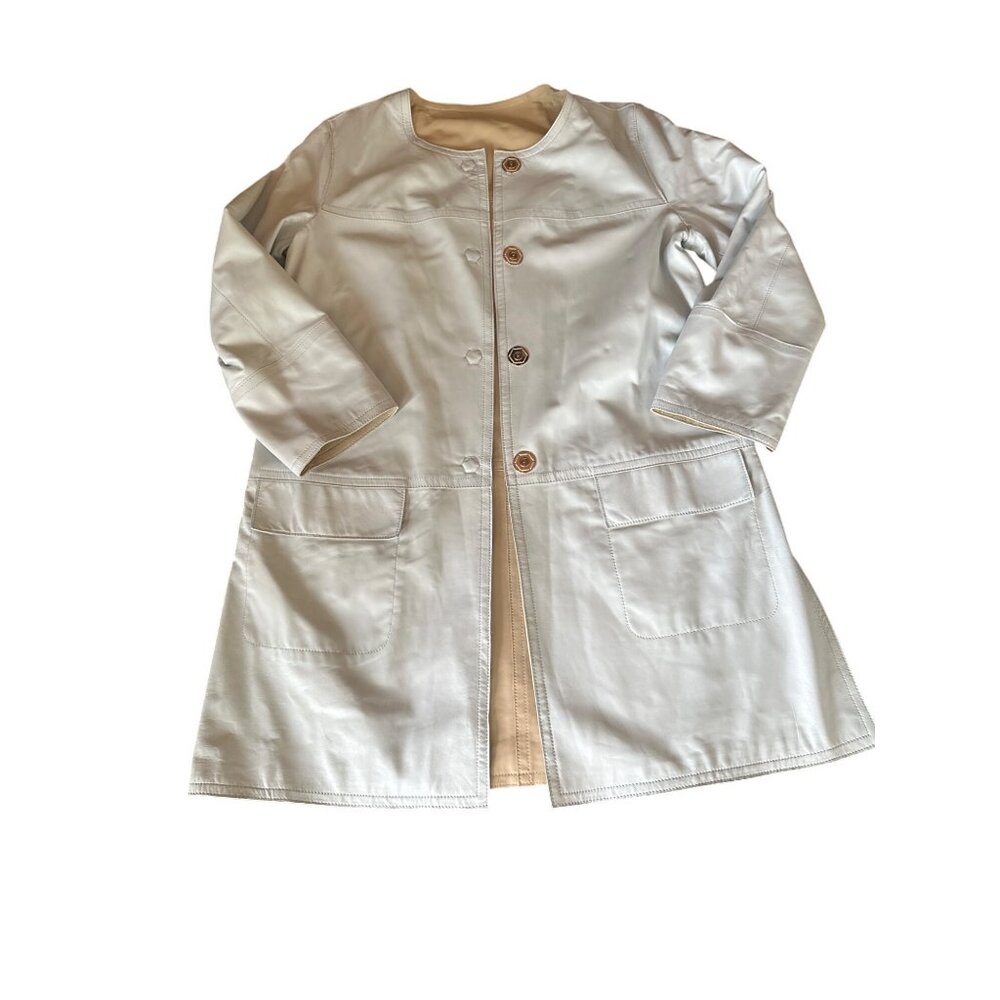 Per Se cream and blue reversible Leather Jacket
